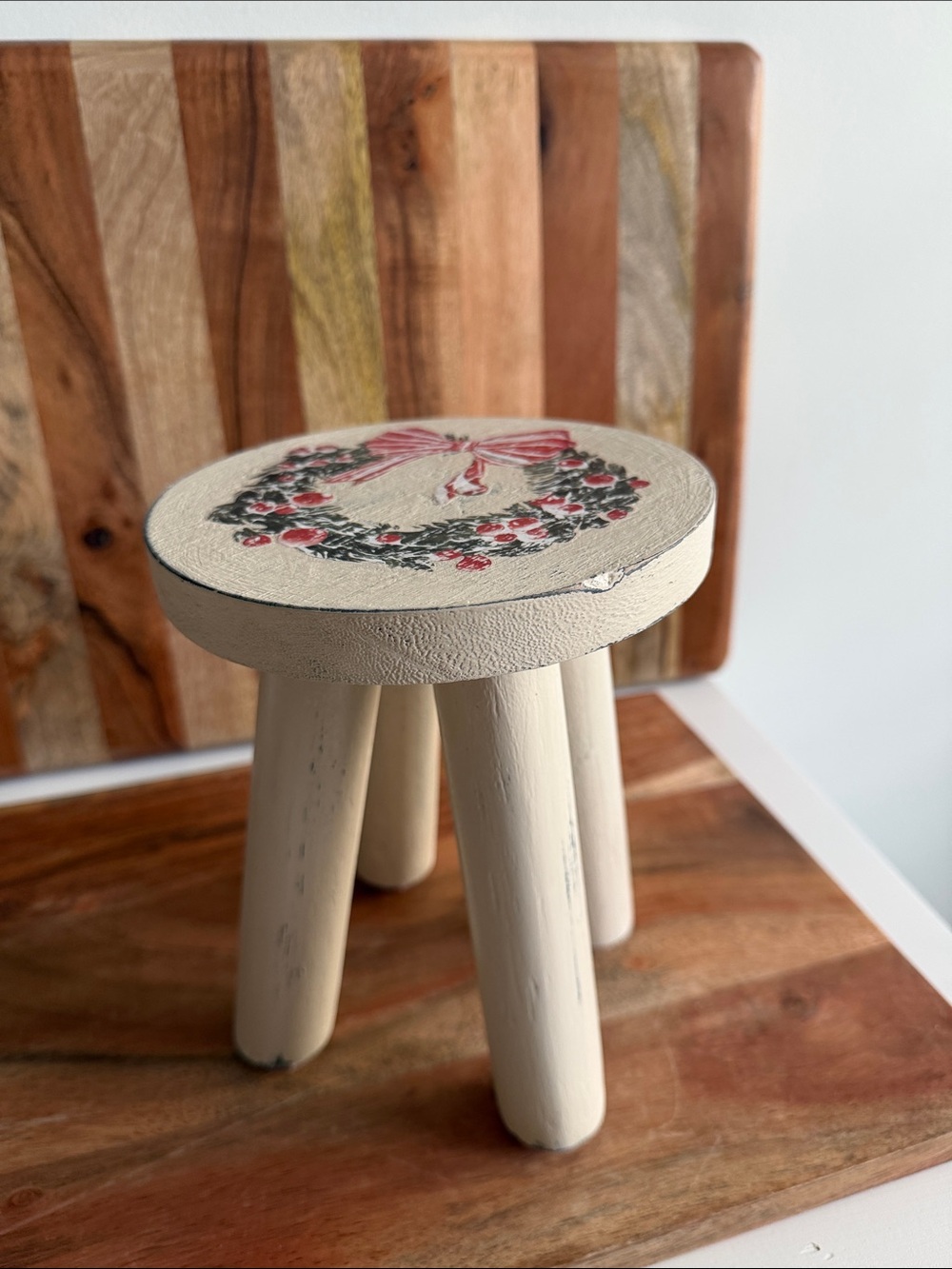 Painted Cream Wood Decorative Tabletop Stool Plant Stand Christmas Decor